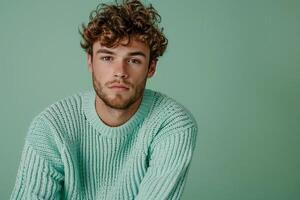Stylish Male Model in Vintage Sweater with Seafoam Green Background emphasizing Fashion and Lifestyle portraiture photo