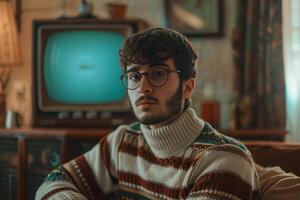 Stylish male fashion model in a vintage sweater with a retro TV screen emphasizing classic fashion and a nostalgic lifestyle for a chic retro look photo