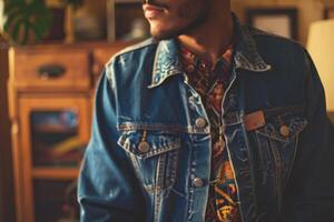 Fashionable male model in a retro denim jacket with a 70s inspired background Showcasing vintage style and classic charm with a stylish touch photo