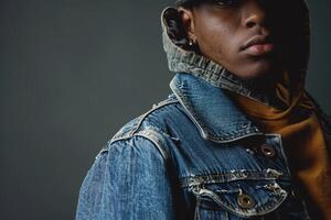 Stylish male model in a retro denim jacket with a 70s inspired background Featuring classic fashion and vintage charm with a stylish nostalgic touch photo