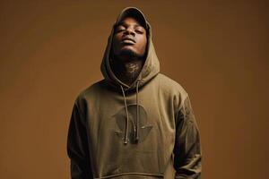 Fashionable male model in hoodie with graphic olive brown background capturing a stylish and modern lifestyle with a chic portrait photo