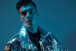 Trendy male model in metallic silver jacket Maleswear style stylish lifestyle portrait with a contemporary background emphasizing modern fashion trends and elegance photo