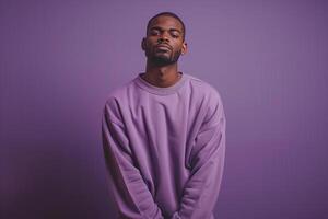 Fashionable male model in casual sweatshirt deep purple background presenting a stylish and relaxed lifestyle portrait with emphasis on current fashion trends photo