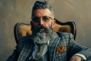 Stylish Lifestyle portrait of Bearded Male with eyewear in Cream Vintage Suit emphasizing Classic and Fashionable Look photo
