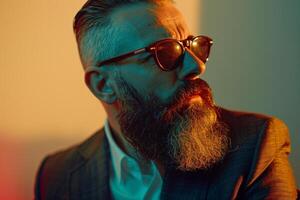 Bearded Handsome Male Fashion Model with eyewear in Vintage Suit Classic and Stylish portrait with a Cream Background photo