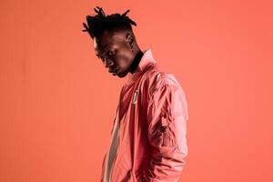 Stylish Male Fashion Model in Zip Up Jacket with Bright Coral Background emphasizing Chic and Trendy Lifestyle Fashion Look photo