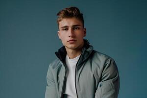 Trendy male fashion model in a zip up jacket with a pale blue background featuring a stylish and contemporary lifestyle in Males fashion with a chic appeal photo