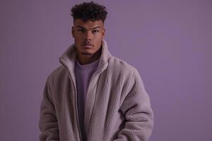 Handsome male model in a fleece jacket with a soft lavender background showcasing a stylish and contemporary lifestyle with a chic appeal in Males fashion photo