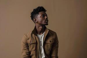 Fashionable male model in a zip up jacket with a Maleswear background featuring a stylish and contemporary lifestyle with a chic appeal in Males fashion photo