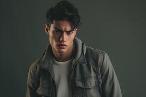 Fashionable male fashion model in a zip up jacket with a dark sage background showcasing a stylish look and a contemporary lifestyle photo