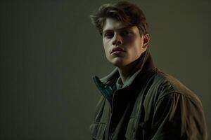 Chic male fashion model in a zip up jacket with a dark sage background highlighting a modern fashion look and a serene lifestyle photo