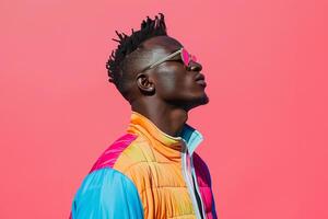 Handsome male model in a zip up jacket with a bright pink background highlighting energetic lifestyle and stylish fashion portrait photo