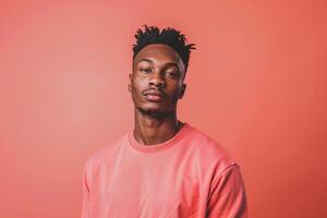 Fashionable male model in a casual crewneck sweatshirt with a coral pink background reflecting contemporary style and energetic lifestyle portrait photo