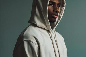Male in a Hoodie with Sage Green Background emphasizing Fashion Trends and Lifestyle in a Trendy portrait Style photo
