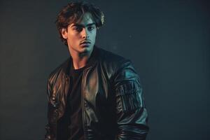 leather Bomber Jacket Clad Male Fashion portrait with Deep Charcoal Background Featuring Stylish and Modern Trends photo