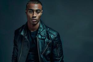 leather Bomber Jacket Clad Male Fashion portrait with Deep Charcoal Background Highlighting Modern and Classic Trends photo