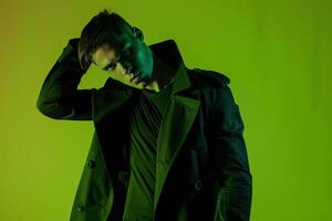 Black Trench Coat Clad Male Fashion portrait with Neon Green Background Featuring Stylish and Modern Trends photo