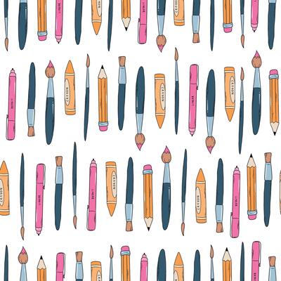 Art supplies seamless pattern. back to school repeated print with pencils, pens, brushes, crayons. School supplies, stationery pattern. EPS 10
