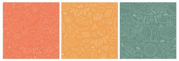 Autumn and thanksgiving seamless patterns collection with doodles for wallpaper, scrapbooking, wrapping paper, textile prints, backgrounds, etc. EPS 10 vector