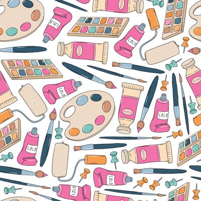 Art supplies seamless pattern with palettes, paints, brushes for wallpaper, prints, backgrounds, wrapping paper, scrapbooking, etc. EPS 10