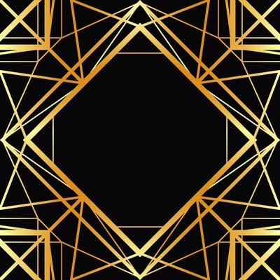 Golden decorative empty frame. Art Deco square line art border for social media, post card, banner on black