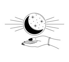 Hand drawn linear esoteric illustration with hand holding a glass ball with crescent and stars isolated on white background vector