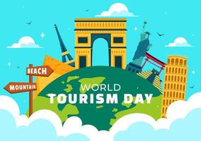 World Tourism Day Illustration featuring a Globe and Famous Landmarks, Architectural Monuments, and National Statues in a Cartoon Background vector