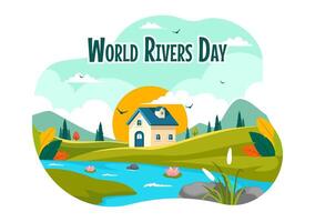Illustration of a River Landscape with Mountain Views, Green Fields, Trees, and Forests Surrounding the Rivers in a Flat Cartoon Background vector