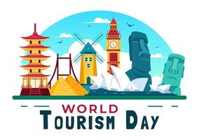 World Tourism Day Illustration featuring a Globe and Famous Landmarks, Architectural Monuments, and National Statues in a Cartoon Background vector