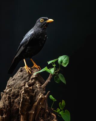 Hill myna on the rooted in studio isolated on black background