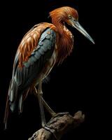 Red Heron bird standing on the rooted in studio isolated on black background photo