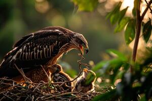 Javan Hawk Eagle and its chicks on the rooted in natural habitat photo