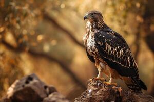 Black chested Snake Eagle on the rooted in natural habitat photo