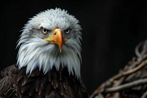 Bald Eagle bird on the rooted in studio isolated on black background photo