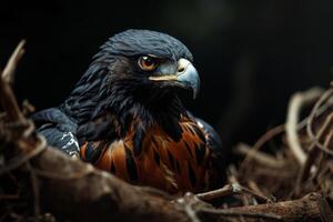 Black Kite Eagle bird on the rooted in studio isolated on black background photo