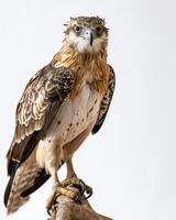 Crested Hawk Eagle bird on the rooted in studio isolated on black background photo