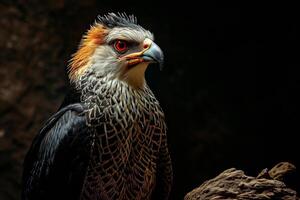 Crested Serpent Eagle bird on the rooted in studio isolated on black background photo