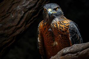 Crested Serpent Eagle bird on the rooted in studio isolated on black background photo