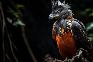 Long crested Eagle bird on the rooted in studio isolated on black background photo