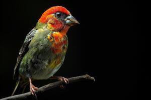 Red headed Finch bird on the rooted in studio isolated on black background photo
