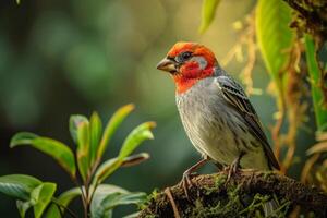 Red Headed Finch bird on the rooted in the natural habitat photo