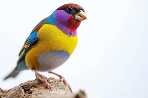 Gouldian Finch bird standing on the rooted in studio isolated on white background photo