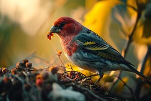 Red headed Finch bird eating in the natural habitat photo