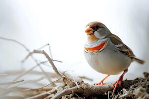 Zebra Finch bird standing on the rooted in studio isolated on white background photo