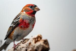 Red Headed Finch bird standing on the rooted in studio isolated on white background photo