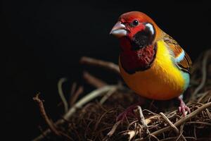 Gouldian Finch bird on the rooted in studio isolated on black background photo