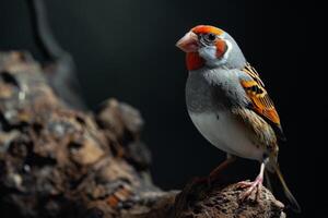 Zebra Finch bird on the rooted in studio isolated on black background photo