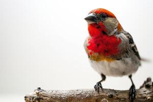 Red Headed Finch bird standing on the rooted in studio isolated on white background photo