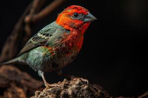 Red headed Finch bird on the rooted in studio isolated on black background photo