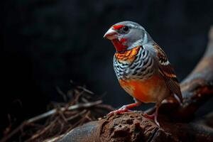 Zebra Finch bird on the rooted in studio isolated on black background photo